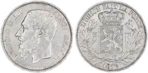 Bélgica. 1875. Leopoldo II. 5 francos. (Kr. ... 