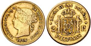 1864. Isabel II. Manila. 2 pesos. (AC. 844). ... 