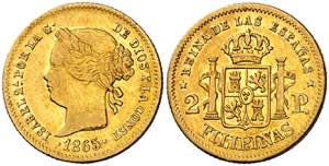 1865. Isabel II. Manila. 2 pesos. (AC. 845). ... 