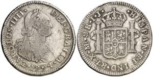 1794. Carlos IV. Lima. IJ. 2 reales. (AC. ... 