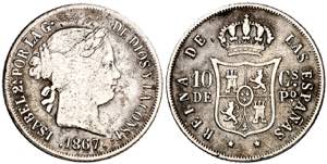1867. Isabel II. Manila. 10 centavos. (AC. ... 