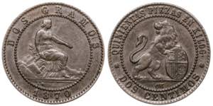 1870. Gobierno Provisional. OM. 2 céntimos. ... 