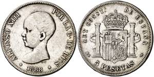 1888*18--. Alfonso XIII. MPM/DEM. 5 pesetas. ... 