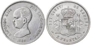 1889*-889. Alfonso XIII. MPM. 5 pesetas. ... 