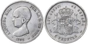 1892*--9-. Alfonso XIII. PGM. 5 pesetas. ... 