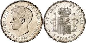 1896*18-6. Alfonso XIII. PGV. 5 pesetas. ... 