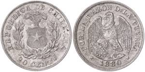 Chile. 1880. 20 centavos. (Kr. 138.2). AG. 5 ... 
