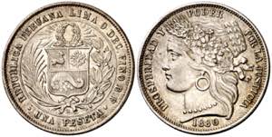 Perú. 1880. Lima. 1 peseta. (Kr. 200.2). ... 