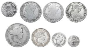 Felipe V a Isabel II. Lote de 8 monedas en ... 