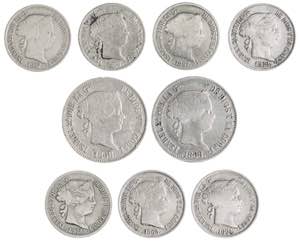 Isabel II. 20 (dos), 50 centavos, 40 ... 