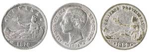 1869 a 1876. 1 peseta. Lote de 3 monedas ... 