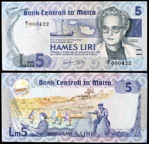 Malta. 1967 (1986). Banco Central. 5 liras. ... 