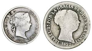 Isabel II. Madrid. Lote de 2 monedas: 1 real ... 