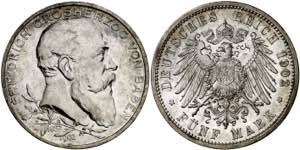 Alemania. Baden. 1902. Federico I. 5 marcos. ... 