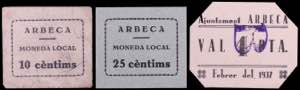 Arbeca. 10, 25 céntimos y 1 peseta. (T. ... 