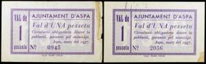 Aspa. 1 peseta. (T. 304 y 304d). 2 billetes. ... 