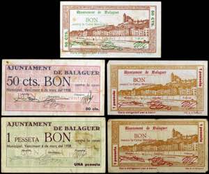 Balaguer. 50 céntimos (dos) y 7 peseta ... 