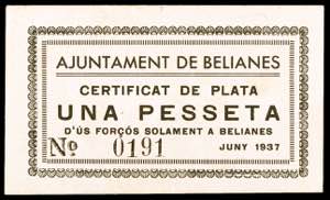 Belianes. 1 peseta. (T. 417). Nº 0191. Muy ... 