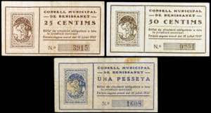 Benissanet. 25, 50 céntimos y 1 peseta. (T. ... 