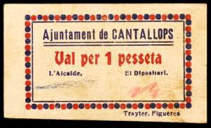 Cantallops. 1 peseta. (T. 751a). Cartón nº ... 