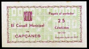 Capçanes. 25 céntimos. (T. 763c). Nº 129. ... 
