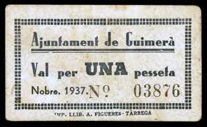 Guimerà. 1 peseta. (T. 1397a). Cartón. ... 