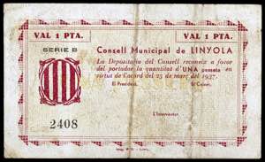 Linyola. 1 peseta. (T. 1496). Raro. BC+.