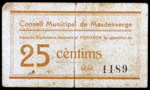Masdenverge. 25 céntimos. (T. 1671). Raro. ... 