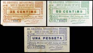Miravet. 25, 50 céntimos y 1 peseta. (T. ... 