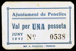 Penelles. 1 peseta. (T. 2083a). Cartón nº ... 