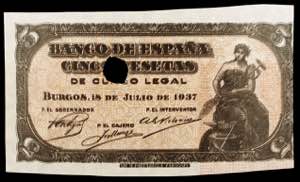 1937. Burgos. 5 pesetas. 18 de julio. Prueba ... 