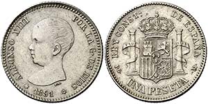 1891*-91. Alfonso XIII. PGM. 1 peseta. (Cal. ... 