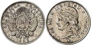 1882. Argentina. 1 peso. (Kr. 29). 24,88 g. ... 