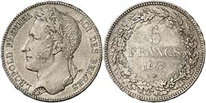 1847. Bélgica. Leopoldo I. 5 francos. (Kr. ... 