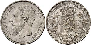 1868. Bélgica. Leopoldo II. 5 francos. (Kr. ... 