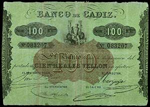 Banco de Cádiz. 100 reales de vellón. (Ed. ... 