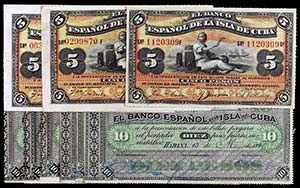 Lote de 9 billetes: 5 pesos de 1896, dos con ... 