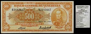 1958. Venezuela. Banco Central. ABNC. 500 ... 