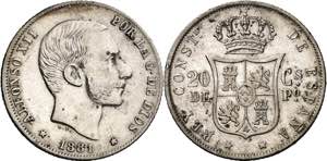 1881/0. Alfonso XII. Manila. 20 centavos. ... 