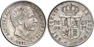 1881. Alfonso XII. Manila. 20 centavos. (AC. ... 