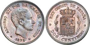 1878. Alfonso XII. Barcelona. 2 céntimos. ... 