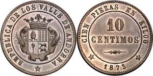 1873. Andorra. 10 céntimos. (AC. 2). Bella. ... 