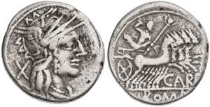 (hacia 121 a.C.). Gens Papiria. Denario. ... 