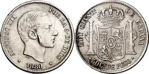 1880. Alfonso XII. Manila. 50 centavos. (AC. ... 