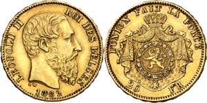 Bélgica. 1882. Leopoldo II. 20 francos. ... 