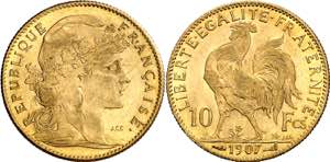 Francia. 1907. III República. 10 francos. ... 