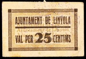 Linyola. 25 céntimos. (T. 1495). Cartón. ... 