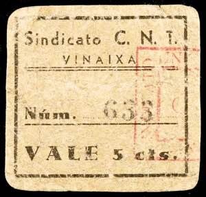 Vinaixa. Sindicat C.N.T. 5 céntimos. (AL. ... 