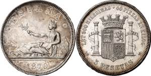1870*1870. SNM. 5 pesetas. (AC. 39). Leves ... 