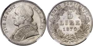 Vaticano. 1870. Pío IX. 5 liras. (Kr. ... 